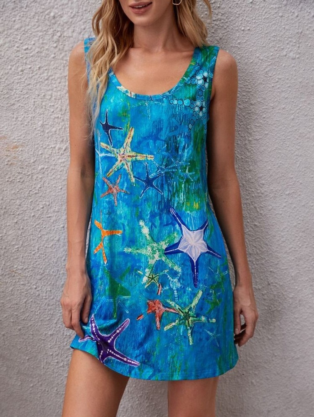 JustFashionNow Starfish Print Tank Dress Beach Tunic Blue Green Large